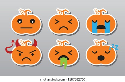 Set of flat cartoon vector emoji isolated on grey background. Pumpkin emotions concept. Faces with different facial expressions. Icon collection emoji.