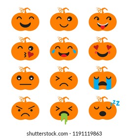 Set of flat cartoon vector emoji isolated on white background. Pumpkin emotions concept. Faces with different facial expressions. Icon collection emoji.