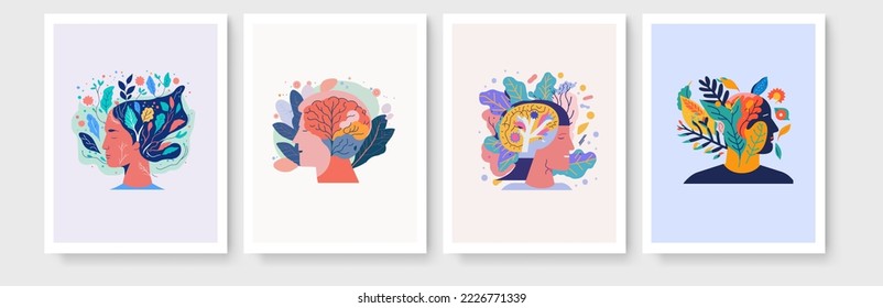 Set of flat cartoon vector Mental health illustrations , happiness, harmony creative abstract concept. self care idea. Happy male and female heads with flowers inside. Mindfulness, positive thinking