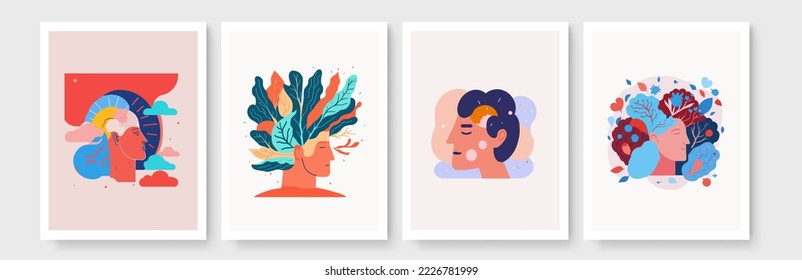 Set of flat cartoon vector Mental health illustrations , happiness, harmony creative abstract concept. self care idea. Happy male and female heads with flowers inside. Mindfulness, positive thinking