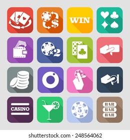 The set of flat casino icons with long shadow. Trend design
