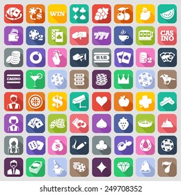 El conjunto de iconos planos del casino con una sombra larga. Diseño de tendencias.