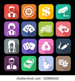 The set of flat casino icons with long shadow. Trend design
