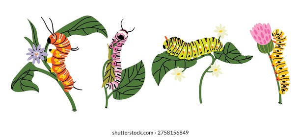 Set of flat caterpillar stickers in cute spring style. Colorful worms on leaves and flowers, playful nature collection. Bright  illustrations in trendy minimal style, aesthetic, perfect for stickers