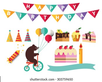 Set of flat catoon birthday party elements. Decoration like ribbon, hat, cake, confetti, flag, candle, bear with balloons, party poppers