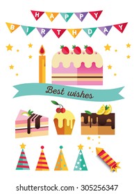 Set of flat catoon birthday party elements. Decoration like ribbon, hat, cake, confetti, flag, candle, bear with balloons, party poppers
