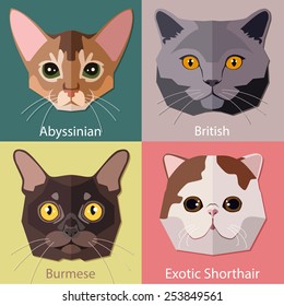 Set of flat Cats faces icons. Vector illustration.