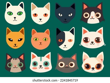 Set of flat cats. Icons of cute cartoon cats and kittens of different breeds isolated. Collection of cat heads, faces, emoticons, face icons. Animal characters stickers, portrait. Vector