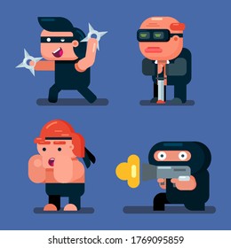 Set of flat character bring gun and weapon, suitable for game character, mascot and etc. Vector Illustration