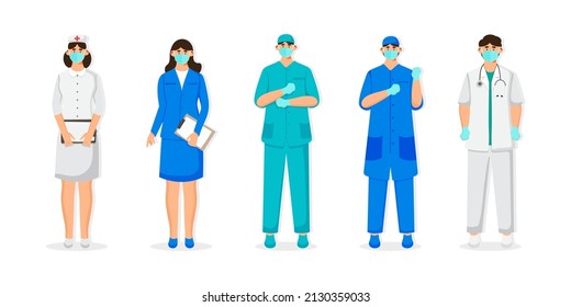 Set Of Flat Character Design Hospital Staff Wearing Medical Mask