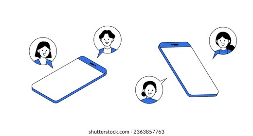 A set of flat character illustrations. Smartphone communication with people talking in speech bubbles.