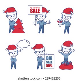 Set of flat characters businessman for holiday sale banner. Vector illustration.