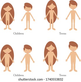 Set of flat characters of different ages. Cartoon kids and teens. Fat and thin girls and boys. Blank for animation without clothes.