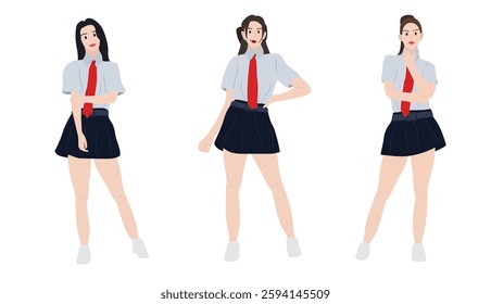 set of flat characters of popular beautiful schoolgirls wearing uniforms. popular girl posing while wearing a uniform. a beautiful female model