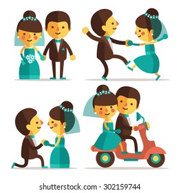 Set of  flat characters -  wedding ceremony. Bride and groom walk to the aisle,  bride and groom dance, boy proposes to girl,  husband and wife go on a honeymoon. Cute and funny couple of lovers.