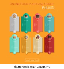 Set of flat charts for purchase online food and food ordering cards. Simple fast food voucher design illustrations for web and mobile apps.