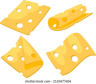 Set of flat cheese of different shapes on a white background.