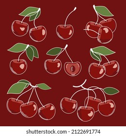 Set of flat cherries icons. Design for decor. Vector illustration.