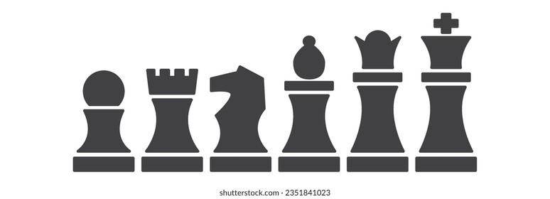 Set of flat chess icons in line style Vector symbols. Included icon king, queen, bishop, knight, rook, pawn. Silhouettes isolated on white background. Chess pictogram. 