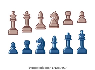 Set of flat chess piece icons isolated on white background. Board game. Black silhouettes. Vector illustration.