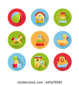 Set of flat child toy icons for web-design, apps, banners. Bright colors used