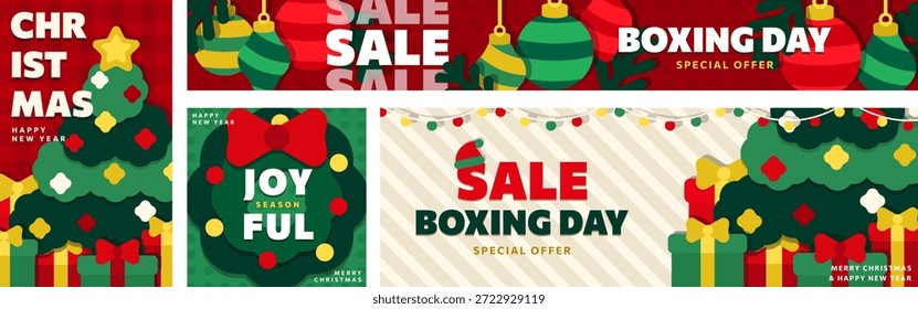 Conjunto de Anuncios de Navidades planas. Venta del día de boxeo y encabezados del año Nuevo 2026, tarjetas con el árbol de navidad de la historieta, corona, regalos, chucherías, ornamentos. Gráficos geométricos modernos para la promoción y comercialización del Sitio web