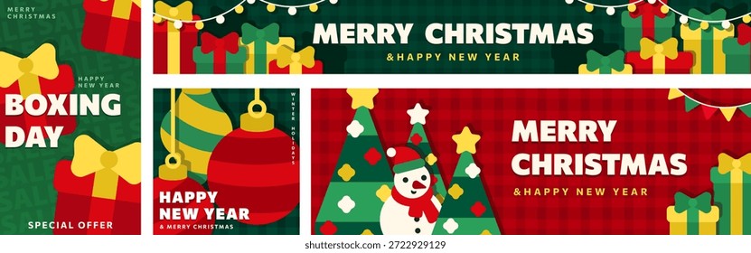 Conjunto de Anuncios de Navidades planas, cabeceras de Web para la venta de vacaciones, día de boxeo y año Nuevo 2026. Tarjetas de felicitación con regalos en capas de dibujos animados, chucherías, árbol de Navidad, decoración festiva. Plantillas de promoción gráfica moderna.