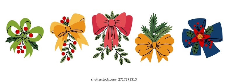 set of flat Christmas bows with berries, fir branches, poinsettia flowers, holly leaves. collection of decorative ribbons for festive greeting cards, seasonal gift wrapping, or winter holiday graphics