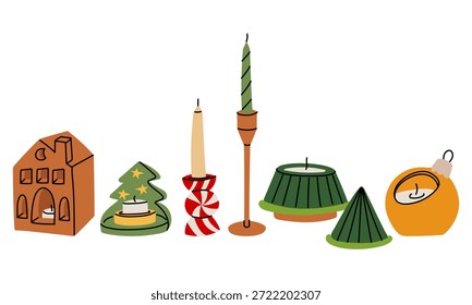conjunto de castiçais de Natal plano e uma variedade de velas. Árvore de Natal, casa, doce, bola. Uma coleção festiva para cartões acolhedores de inverno, decoração caseira sazonal ou materiais de design gráfico