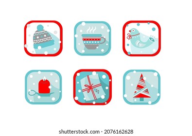 A set of flat christmas cartoon icons with winter hat, tea cup, red candle, congratulation letter, blue bird and decorated fur tree. Drawn  in light blue colors for greetings, stickers, diaries.
