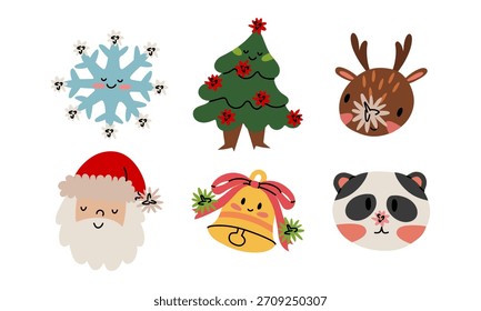 Set von flachen Weihnachtsfiguren für Aufkleber. Feiertagsfiguren einer flachen Farbgrafik mit Doodle. Weihnachtsmann, Rentier, Schneeflocke, Glocke, Weihnachtsbaum, Panda für digitales Design oder Grußkarten