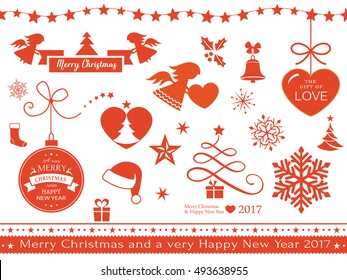 A set of flat Christmas design elements as seamless borders, snow flakes, gifts, stocking, bell, angel, holly, banners, star, Santa's hat and line art Christmas tree isolated on white.