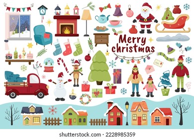 Set of flat christmas elements. Santa Claus, family, christmas tree, houses, fireplace, furniture, car, window, deer, snowman, snowglobe, candles, decorations