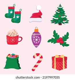 Set of flat Christmas elements. Vector illustration.