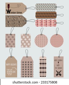 Set of flat christmas greetings cards. New year patterns and design illustrations on labels.