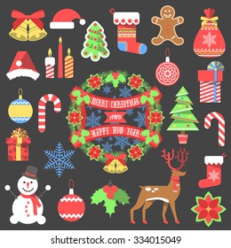 Set of Flat Christmas and Happy New Year Icons. Holiday Signs and Symbols. Tree, Candy Can, Santa Claus, Holly Berry, Gingerbread Man. Vector Illustration for your design.