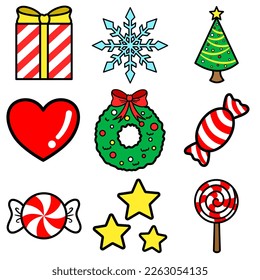 Set of flat Christmas icons, Candy, Christmas tree, present, heart, wreath, star, frozen snowflakes Illustration vector