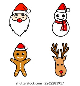 Set of flat Christmas icons, Reindeer, Snowman, Ginger bread, Santa claus, Illustration vector