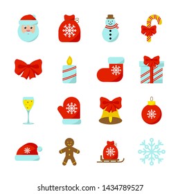 Set of flat Christmas icons. Santa, bag with gifts, snowman, Christmas candy, bow, candle, sock, box, champagne, mitten, bell, decoration, hat, cookie, sled, snowflake isolated on the white background