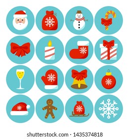 Set of flat Christmas icons. Santa, bag with gifts, snowman, Christmas candy, bow, candle, sock, box, champagne, mitten, bell, decoration, hat, cookie, sled, snowflake isolated on the white background