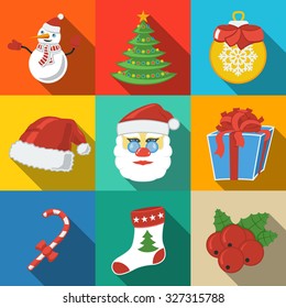 Set of flat CHRISTMAS icons - snowman, tree, sock, hat, Santa, candy, present, bauble, mistletoe. Vector