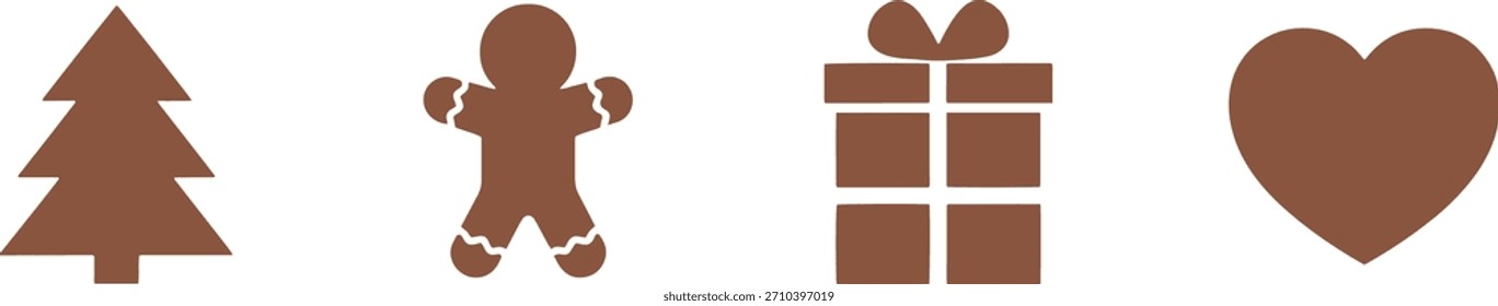 Un conjunto de Navidades planas, iconos (árboles, hombre de jengibre, regalos, corazón, silueta Navidades minimalistas e iconos de Festiva de invierno. Colección de estilo plano simple