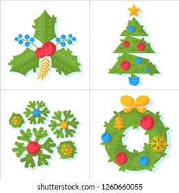 Set of Flat Christmas illustration ornaments with leaf patterns isolated on a white background