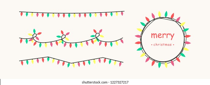 Set of Flat Christmas light Collection and garland of bulb with Merry Christmas letter. Decorate for banner, poster, background or greeting card.