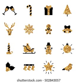 Set of Flat Christmas Modern Icons in Black and Gold Colors. Vector Illustration. Holiday Signs and Symbols. Happy New Year Stickers. Fir Tree, Candy Can, Holly Berry, Gingerbread Man and Gift.