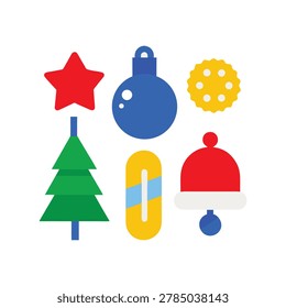 Set of flat christmas ornaments including a red star, blue bauble, yellow cookie, green tree, and a red bell