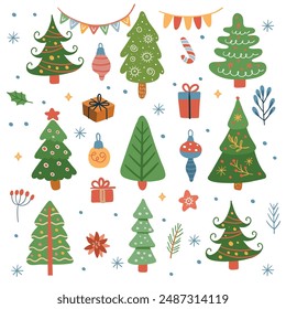 Conjunto de árbol de Navidad plano, lindo árbol de Navidad. Lindos Elementos en estilo boho de Memphis. Vector Dibujo a mano en estilo escandinavo.