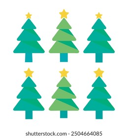 Set of Flat Christmas Tree Icons with Star Decorations Vector Illustrations, 