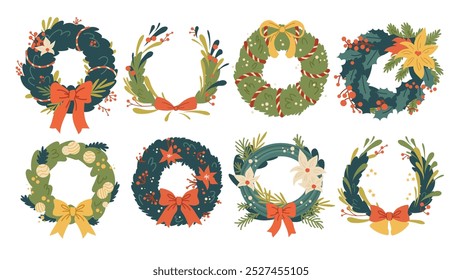 Set of flat Christmas wreaths made of spruce branches and holly. New Year coniferous wreaths with ribbons, bells, Christmas tree toys. Vector elements