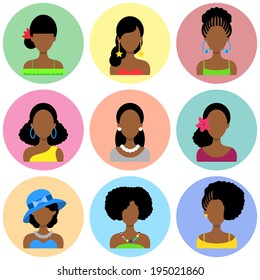 Set of Flat Circle Icons with Different African Women Fashion Styles. Vector characters